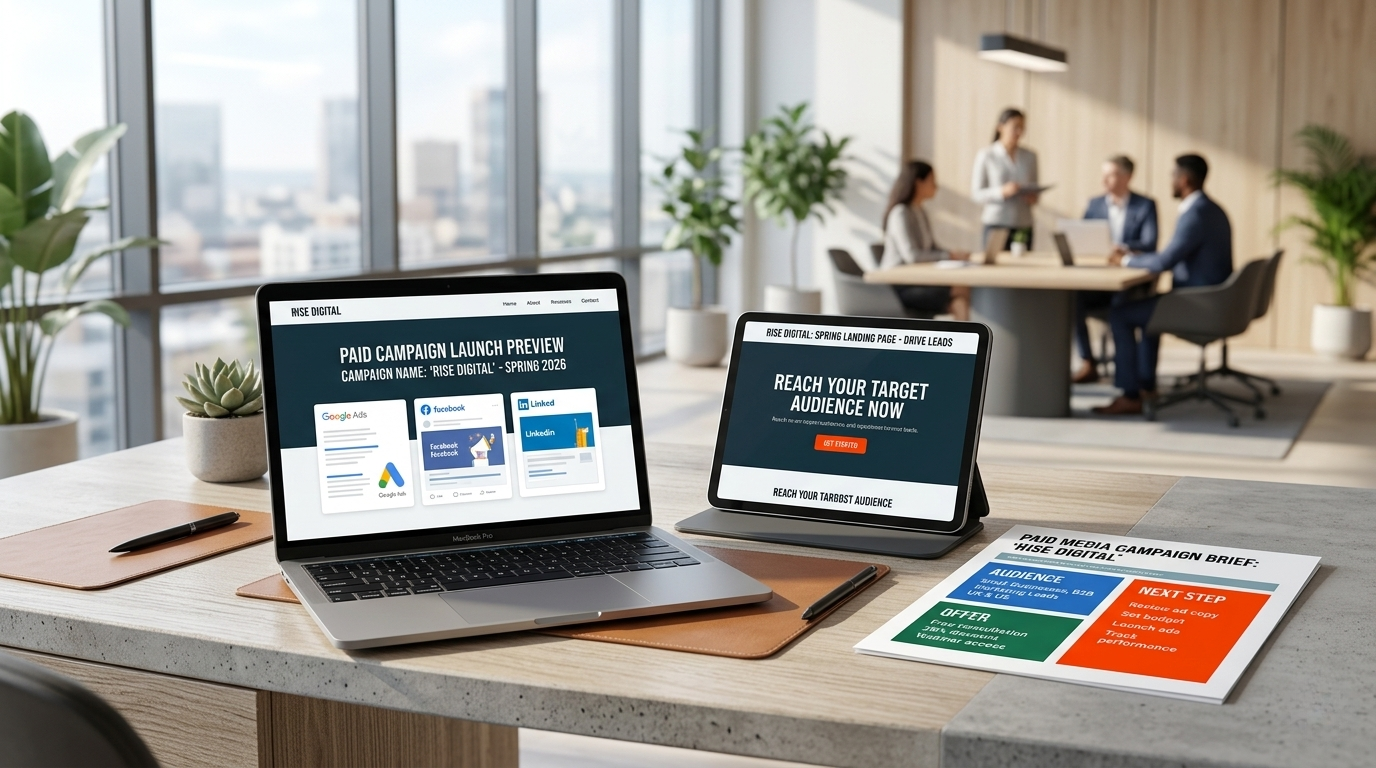 Laptop, tablet, and campaign brief showing paid media campaign assets, including Google Ads, Facebook, LinkedIn, landing page copy, audience, offer, and next-step planning.