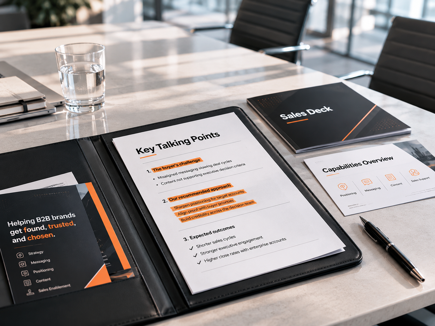 Sales support materials on a meeting table, including a sales deck, key talking points, capabilities overview, and B2B messaging documents with highlighted buyer challenges and recommendations.