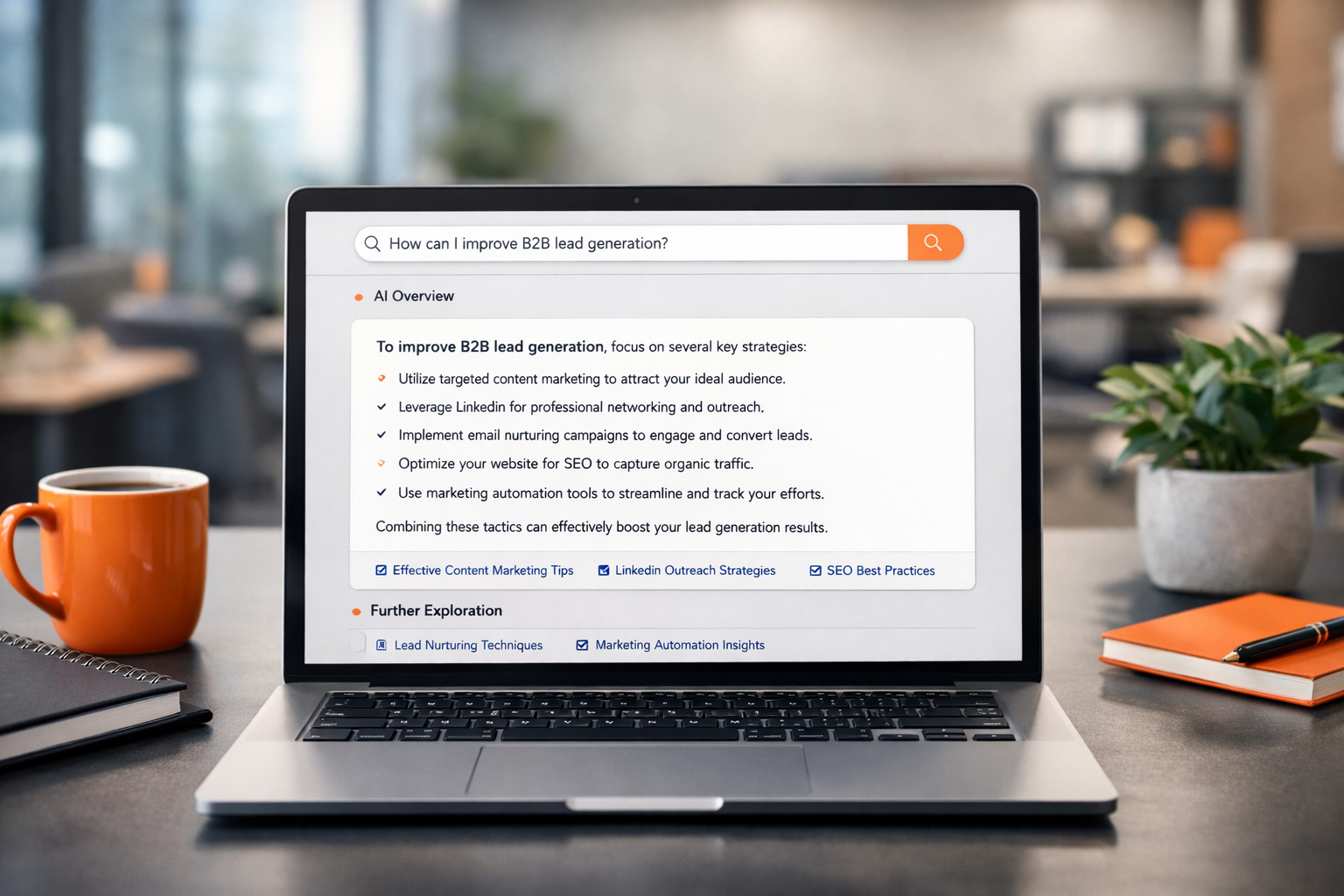 Laptop on a desk showing an AI-style search answer for improving B2B lead generation, with bullet-point recommendations on content marketing, LinkedIn outreach, email nurturing, SEO, and marketing automation, in a bright modern office.