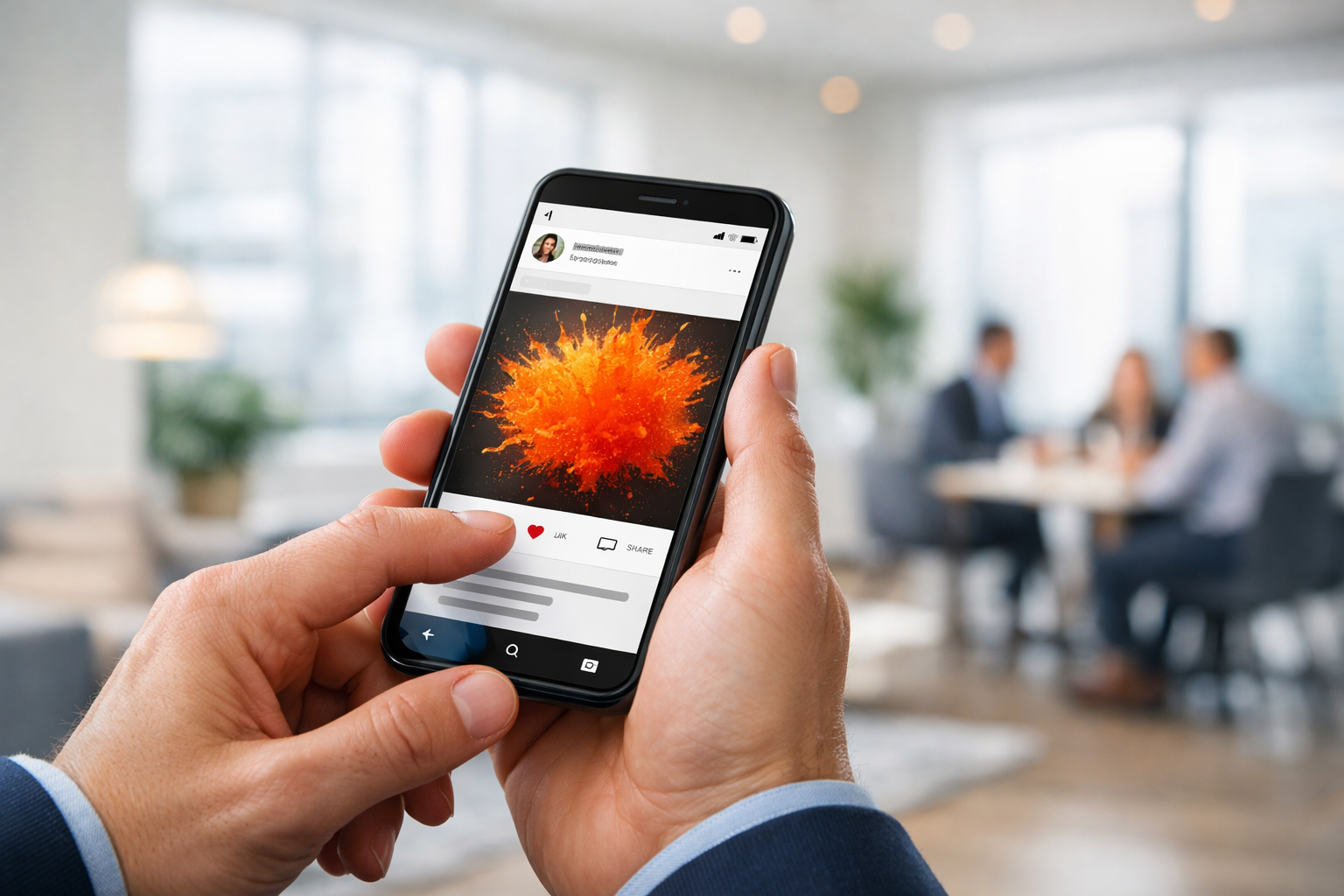 Hand holding a smartphone in a bright office, showing a social media post with a vivid orange visual, while a blurred business meeting takes place in the background.