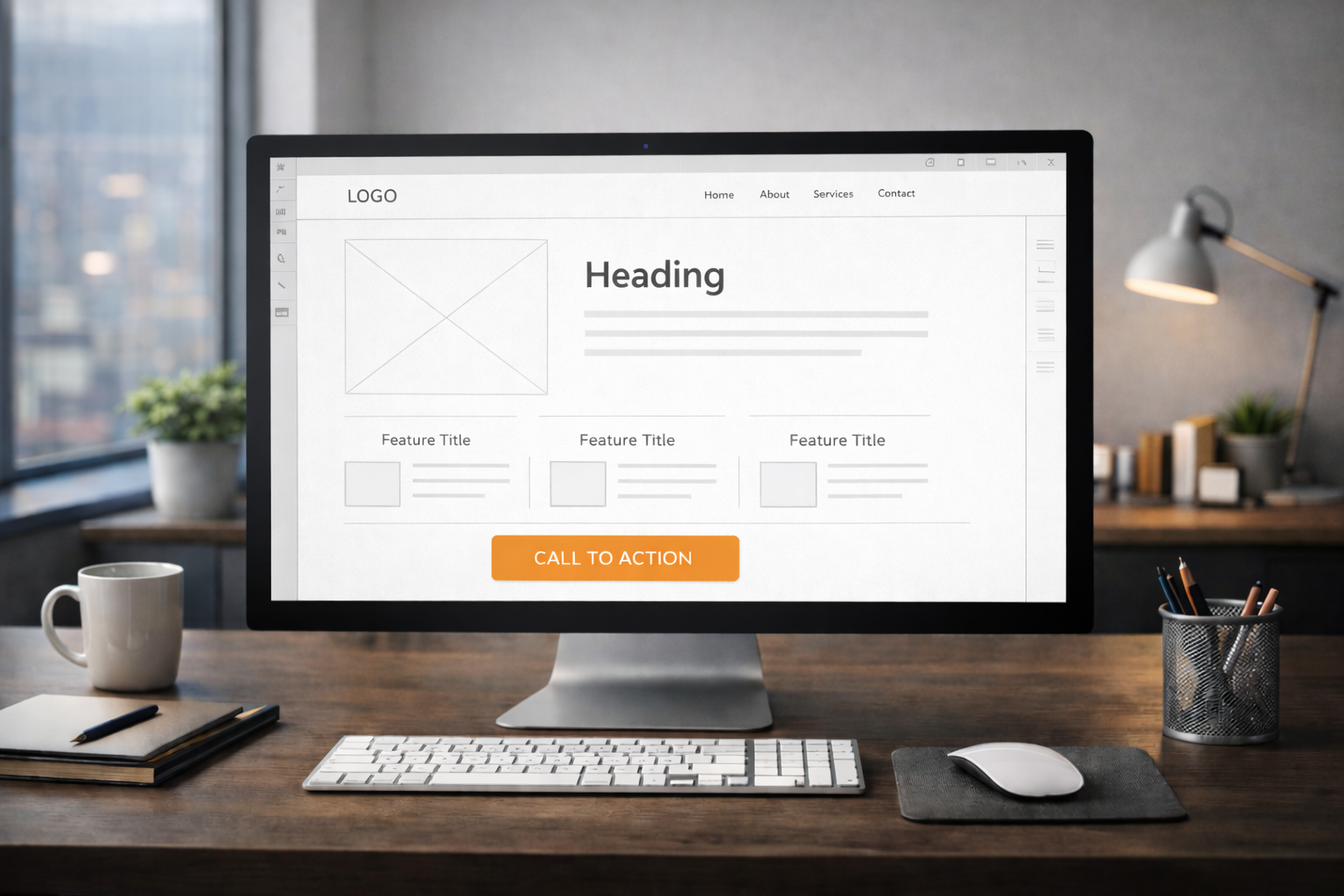 Desktop monitor showing a website landing page wireframe with a headline, feature sections, and a prominent call-to-action button on a workspace desk.