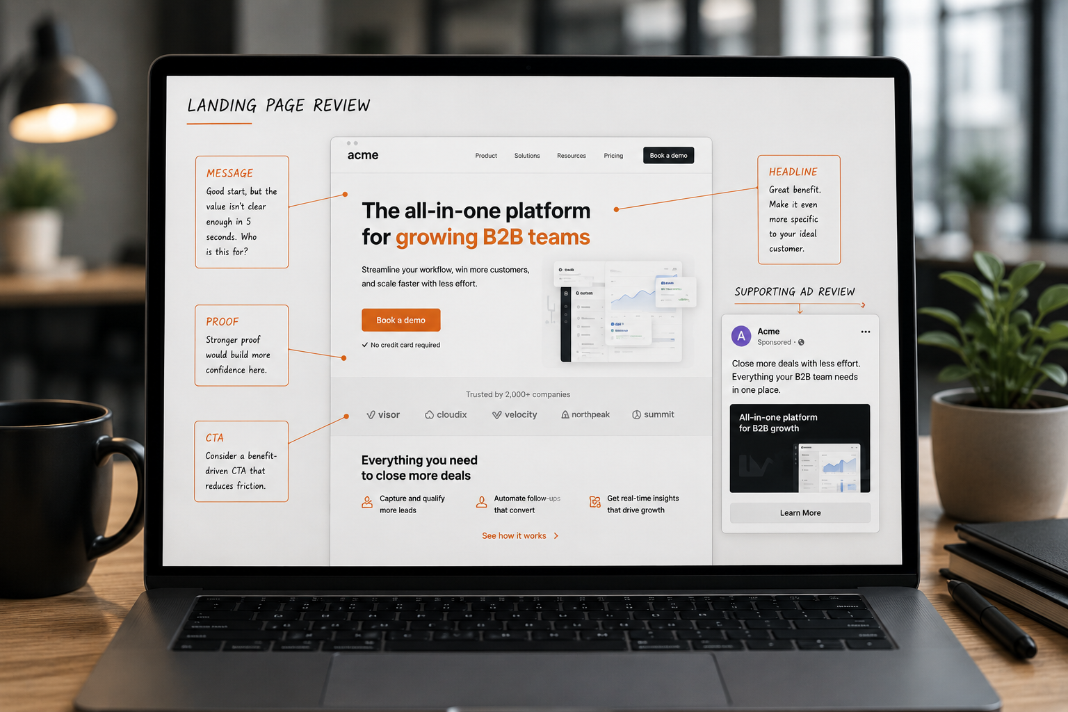 Laptop showing a landing page conversion review with orange annotations for message, proof, headline and CTA, plus a supporting ad preview.