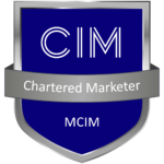 Chartered Market CIM logo on a blue shield with a gray ribbon banner reading 'Chartered Marketer'