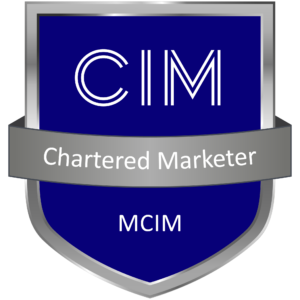 Chartered Market CIM logo on a blue shield with a gray ribbon banner reading 'Chartered Marketer'