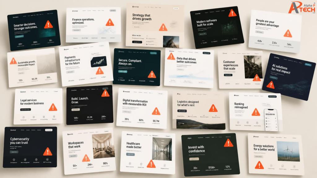 Multiple B2B website and landing page designs marked with warning icons to show common conversion issues affecting website and landing page performance. Made by Alpha P Tech Ltd.