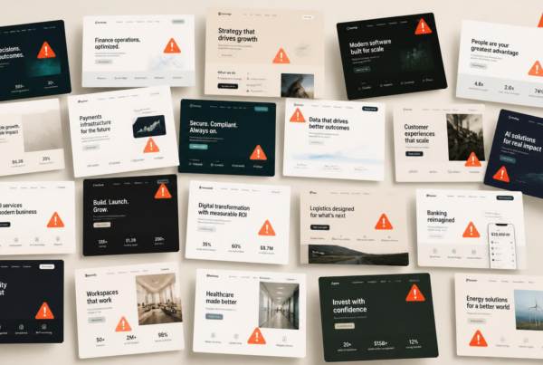 Multiple B2B website and landing page designs marked with warning icons to show common conversion issues affecting website and landing page performance. Made by Alpha P Tech Ltd.