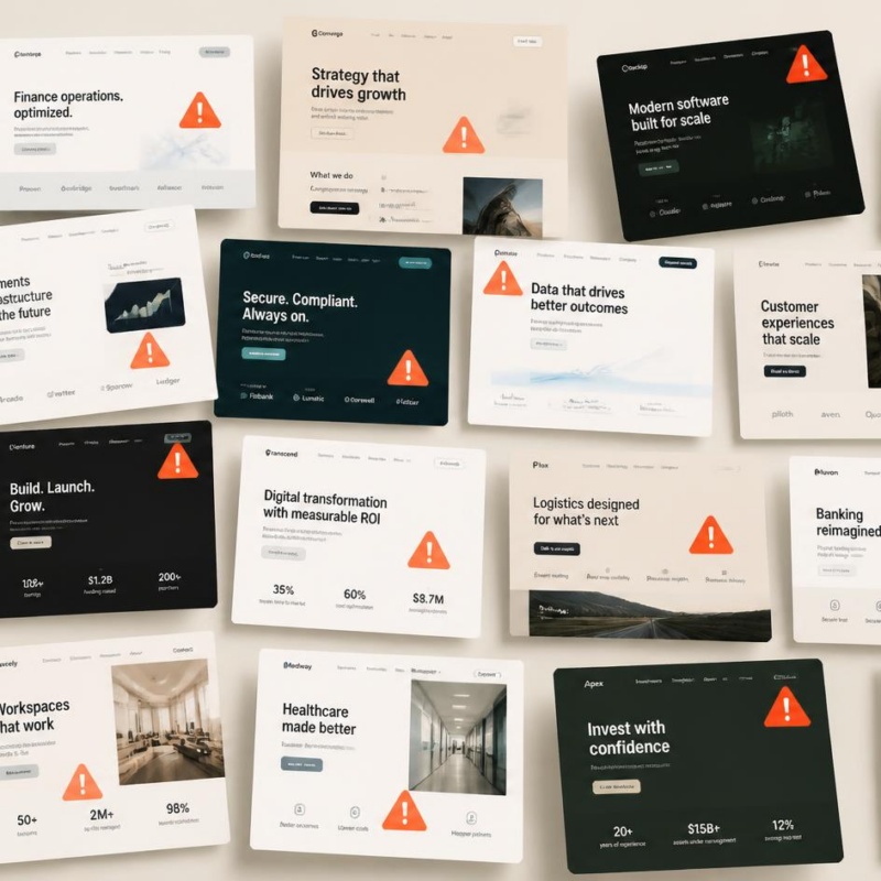 Multiple B2B website and landing page designs marked with warning icons to show common conversion issues affecting website and landing page performance. Made by Alpha P Tech Ltd.